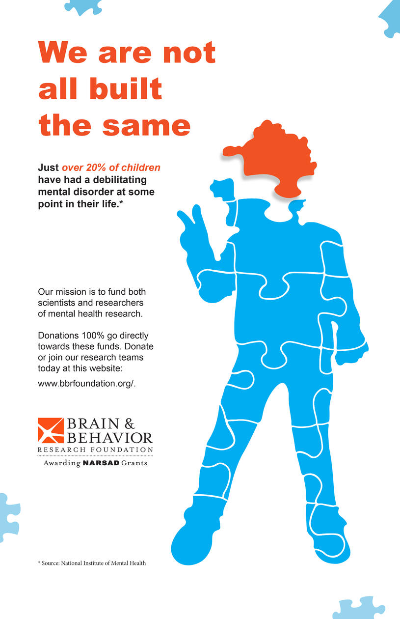 A poster for the Brain & Behavior Research Foundation, with an blue puzzle in the shape of a young girl giving the peace sign with her left hand. The puzzle is incomplete, missing the last piece for the head which is above the rest in an orange colour.