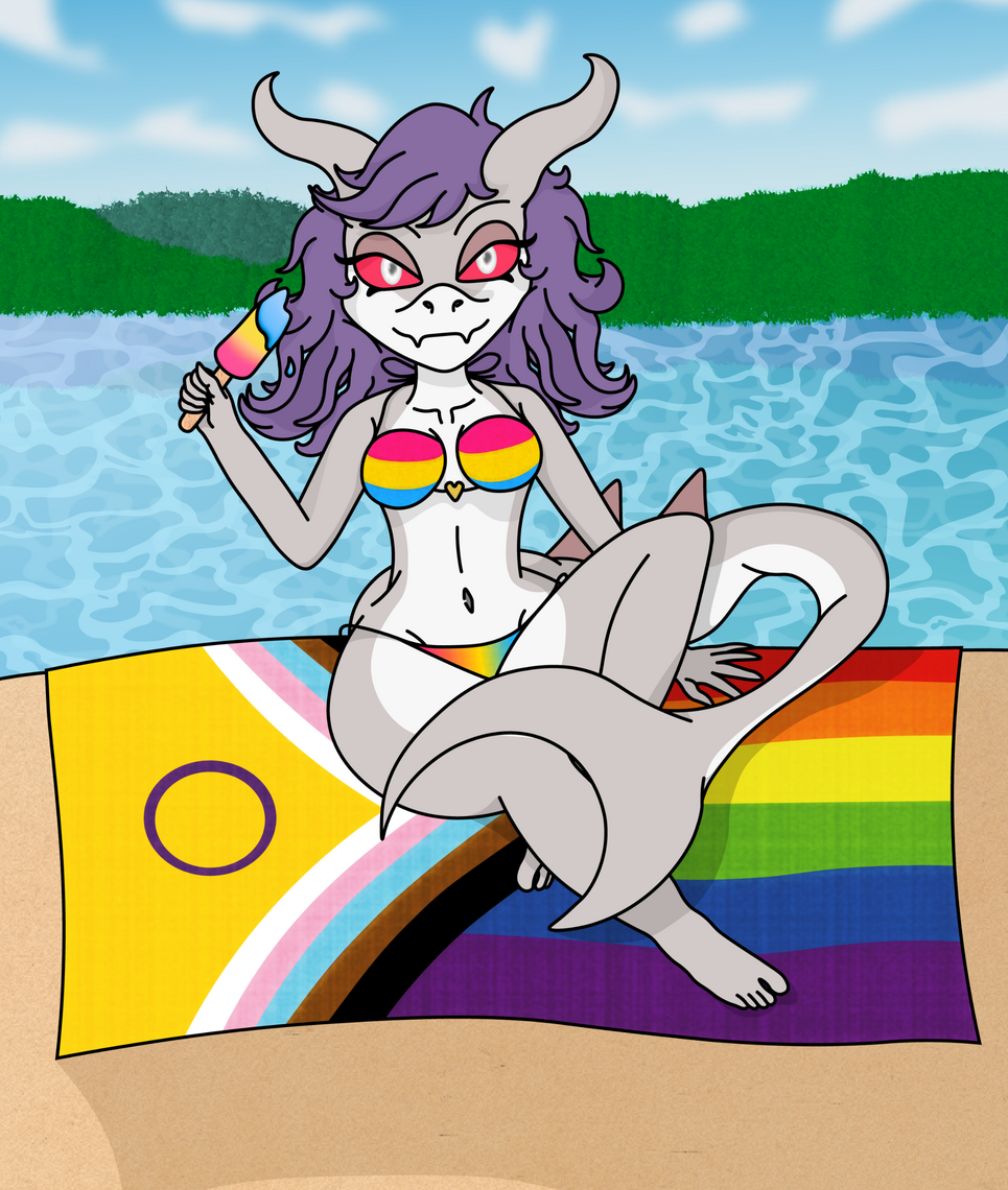 The final version of the winning Beach Pride YCH Raffle design: Celeste the Shark for Yufisan.