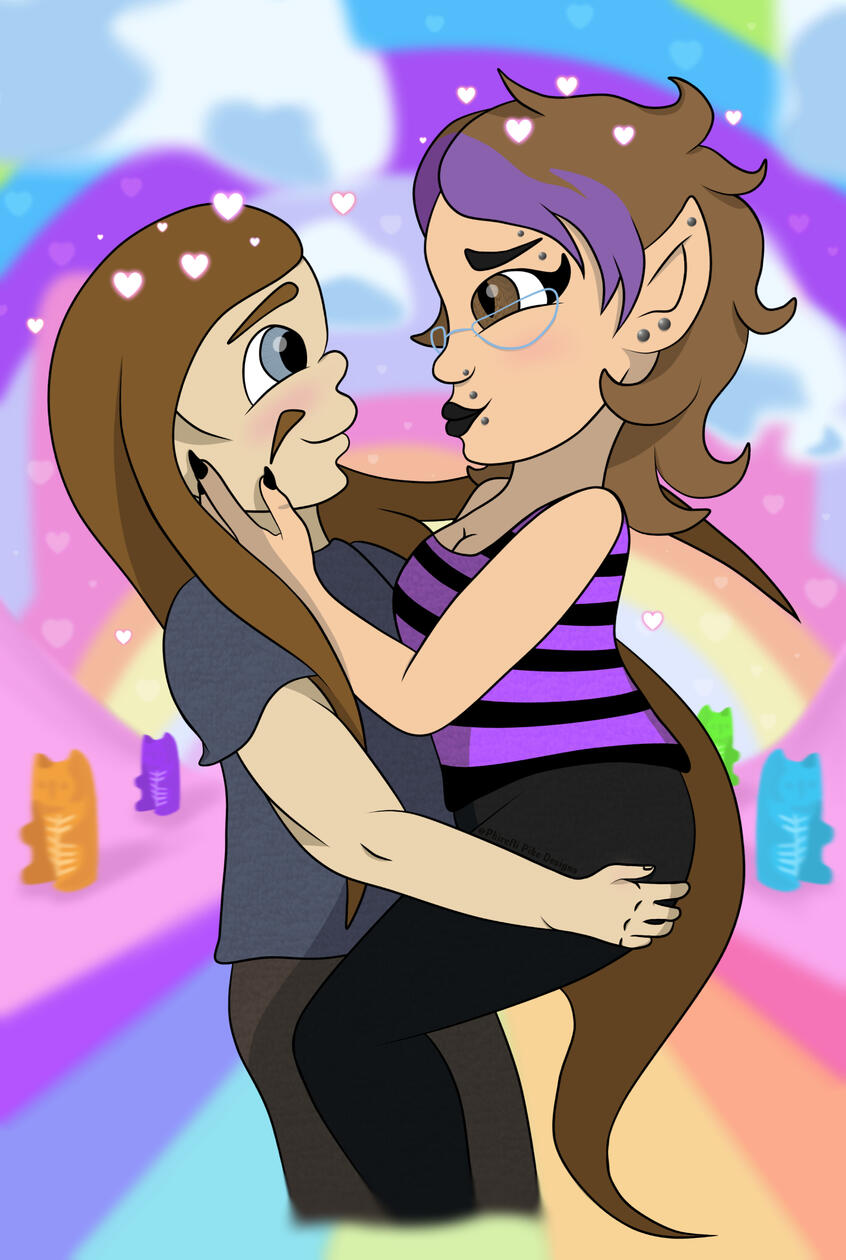 The final version of the OC x Toki ship art. In this specific piece, I wanted Toki to be lovingly holding my client's OC while looking into their eyes. The background is also inspired from a Metalocalypse scene.
