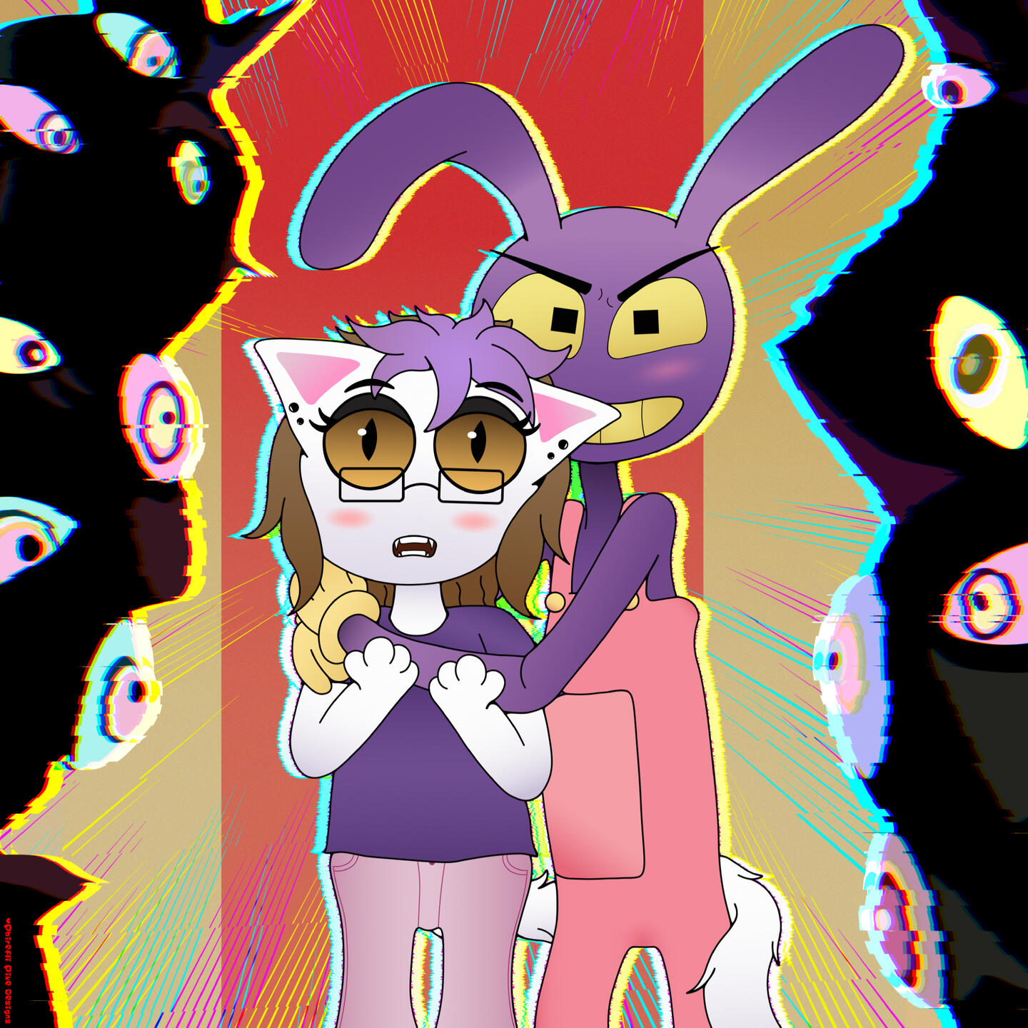 The final version of the OC x Jax profile picture commission. In this specific piece, the client requested for their OC to appear frightened, and to have Jax be protective and comforting them.