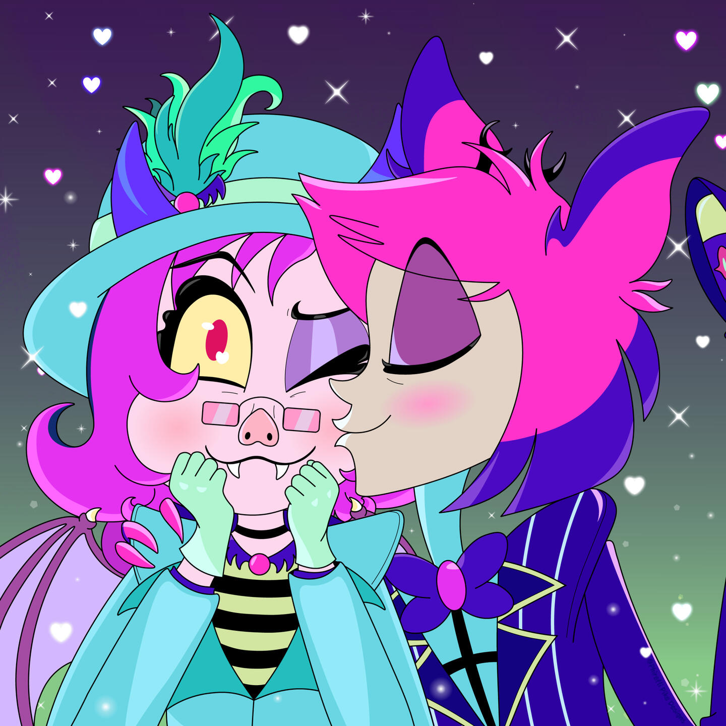 The final version of the OC x Neon Alastor commission. In this specific piece, the client requested for their OC to be blushing while receiving a kiss on the cheek from Alastor. Alastor was done in his neon design.