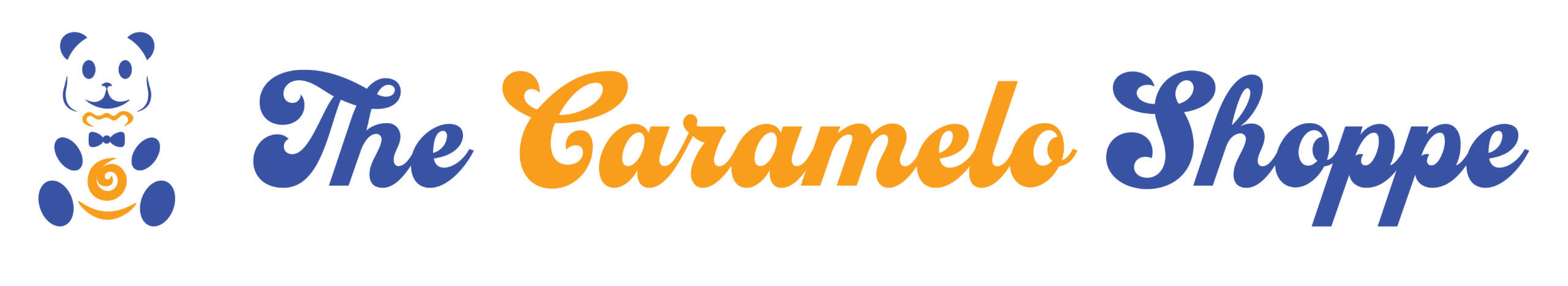 A logo for a fictitious candy shop. There is a blue bear holding a yellow bag, and a caramel swirl is in the center of the bag. The company name under the bear, in Casey Bold font, reads: The Caramelo Shop