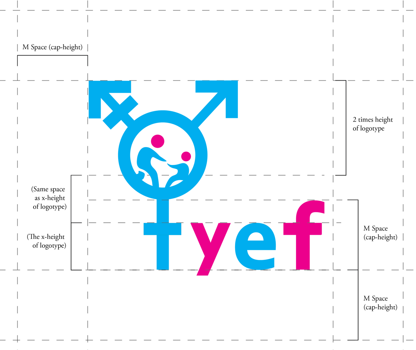 Clear Space Edition: A logo for a brand called the Trans Youth Equality Foundation (TYEF). In the image, there is the transgender icon which turns into a lowercase t for tyef. Inside of the icon, an adult is leaning down to help a sitting child.