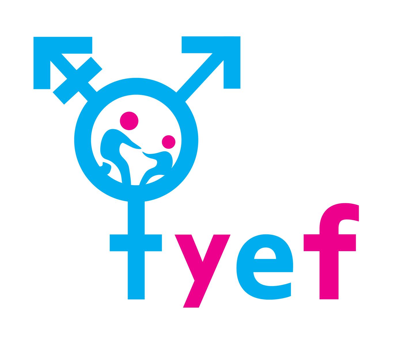 A logo for a brand called the Trans Youth Equality Foundation (TYEF). In the image, there is the transgender icon which turns into a lowercase t for tyef. Inside of the icon, an adult is leaning down to help a sitting child.
